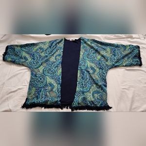 Mango brand, Size Small, Blue Green Fringed, Patterned Jacket